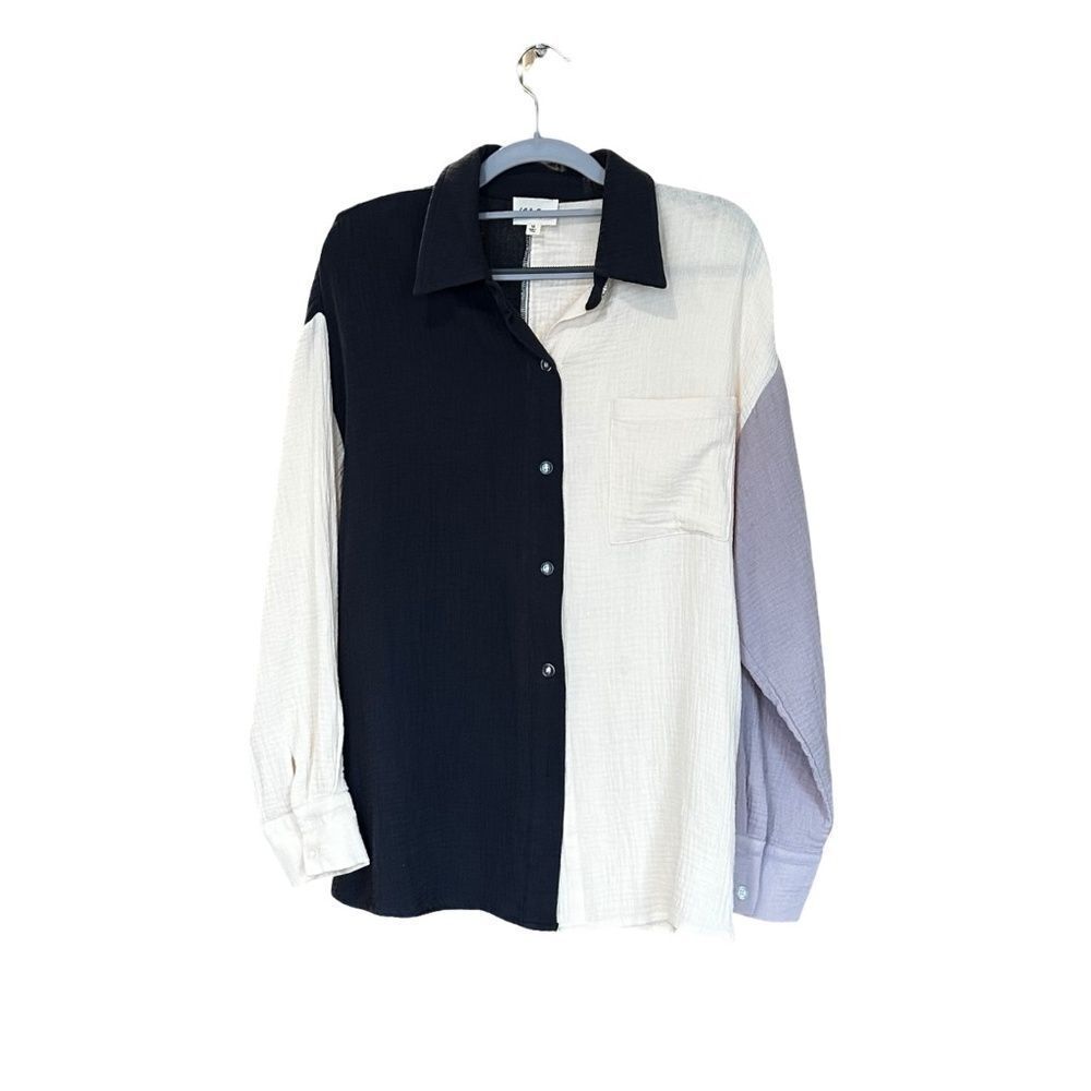 143 Story Women's Button-Up Long Sleeve Gauze Blouse Grey/Cream Med